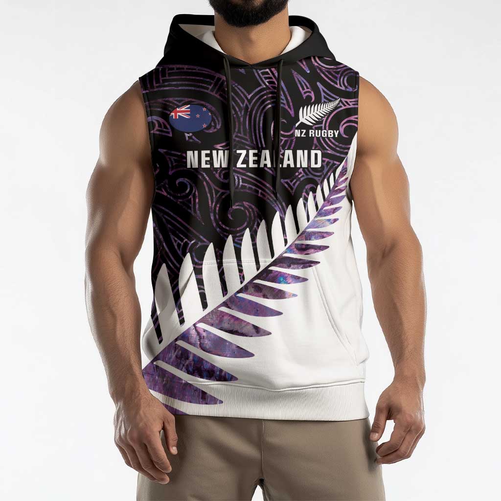 New Zealand Silver Fern Rugby Custom Sleeveless Hoodie Go All Black Purple Maori Paua Shell - Polynesian Pride