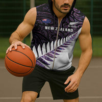 New Zealand Silver Fern Rugby Custom Sleeveless Zip Hoodie Go All Black Purple Maori Paua Shell - Polynesian Pride