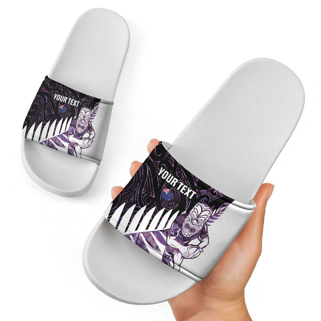 New Zealand Silver Fern Rugby Custom Slide Sandals Go All Black Purple Maori Paua Shell - Polynesian Pride