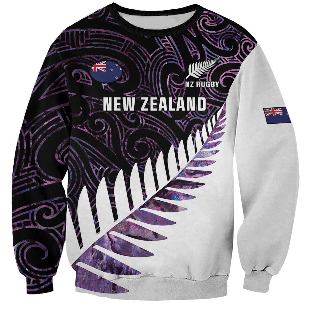 New Zealand Silver Fern Rugby Custom Sweatshirt Go All Black Purple Maori Paua Shell - Polynesian Pride
