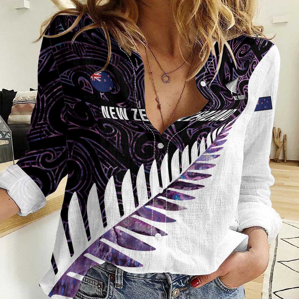New Zealand Silver Fern Rugby Custom Women Casual Shirt Go All Black Purple Maori Paua Shell - Polynesian Pride
