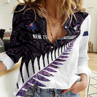 New Zealand Silver Fern Rugby Custom Women Casual Shirt Go All Black Purple Maori Paua Shell - Polynesian Pride