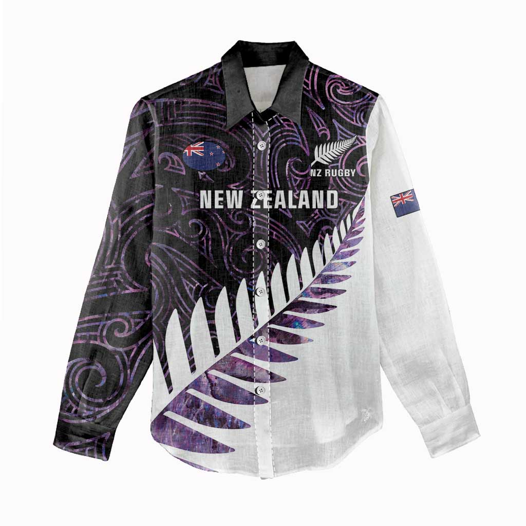 New Zealand Silver Fern Rugby Custom Women Casual Shirt Go All Black Purple Maori Paua Shell - Polynesian Pride