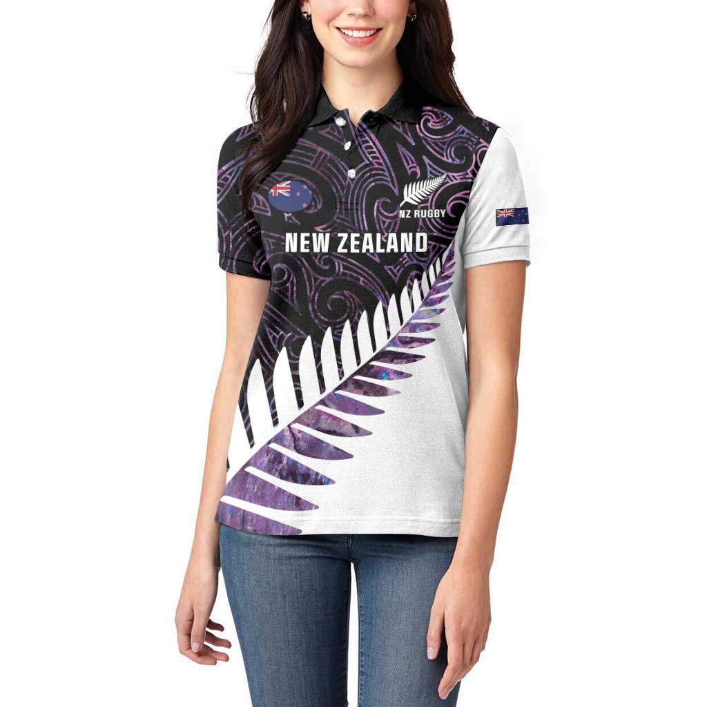 New Zealand Silver Fern Rugby Custom Women Polo Shirt Go All Black Purple Maori Paua Shell - Polynesian Pride