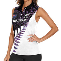 New Zealand Silver Fern Rugby Custom Women Sleeveless Polo Shirt Go All Black Purple Maori Paua Shell - Polynesian Pride