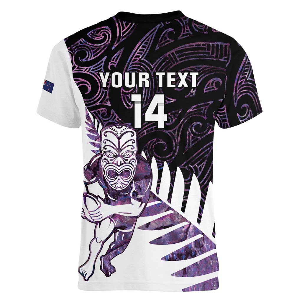 New Zealand Silver Fern Rugby Custom Women V-Neck T-Shirt Go All Black Purple Maori Paua Shell - Polynesian Pride