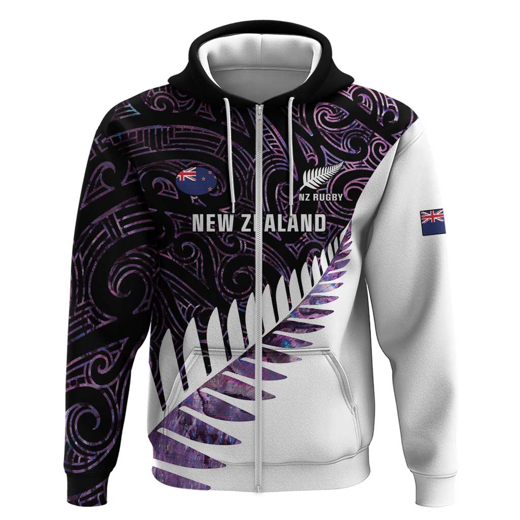 New Zealand Silver Fern Rugby Custom Zip Hoodie Go All Black Purple Maori Paua Shell - Polynesian Pride
