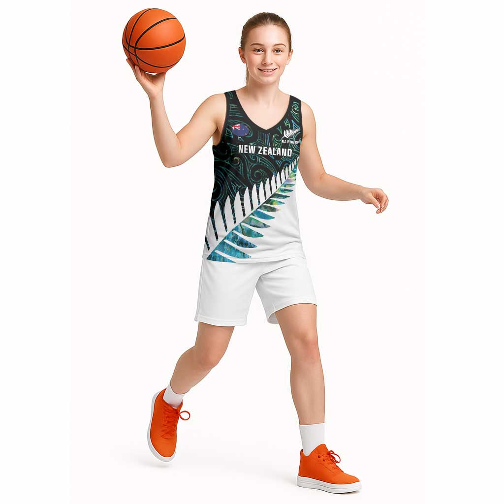 New Zealand Silver Fern Rugby Custom Basketball Jersey Go All Black Turquoise Maori Paua Shell - Polynesian Pride