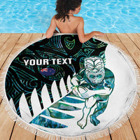 New Zealand Silver Fern Rugby Custom Beach Blanket Go All Black Turquoise Maori Paua Shell - Polynesian Pride
