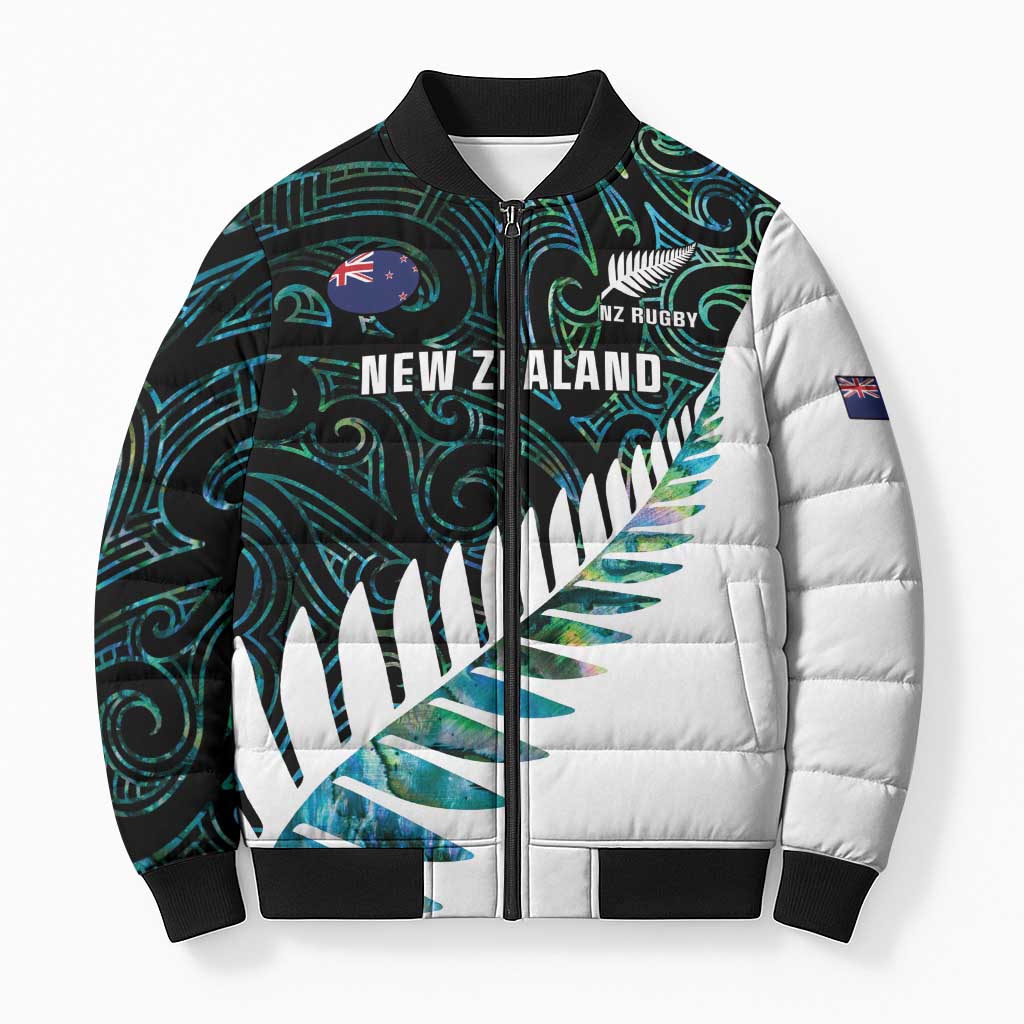 New Zealand Silver Fern Rugby Custom Bomber Puffer Jacket Go All Black Turquoise Maori Paua Shell - Polynesian Pride
