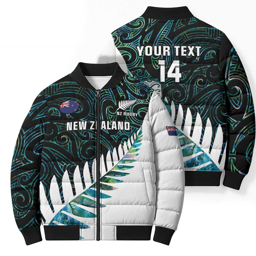New Zealand Silver Fern Rugby Custom Bomber Puffer Jacket Go All Black Turquoise Maori Paua Shell - Polynesian Pride