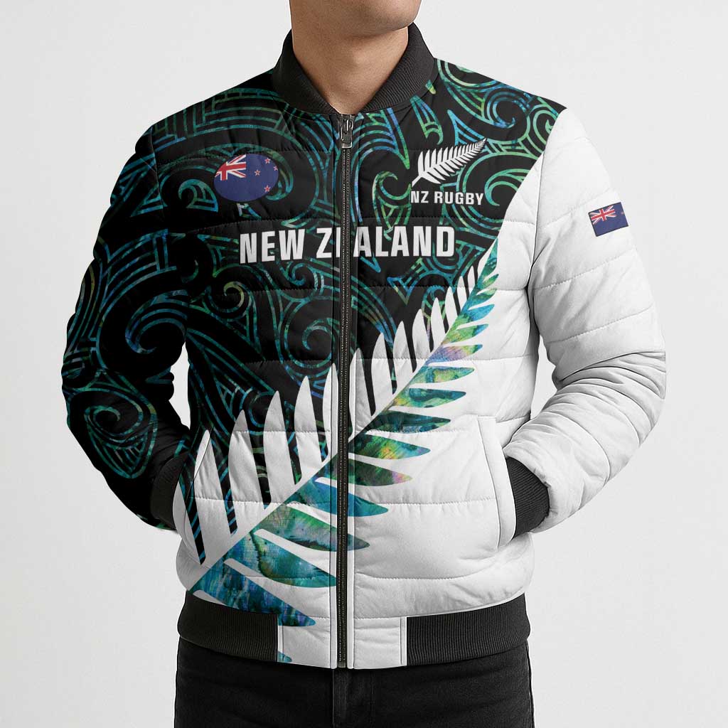 New Zealand Silver Fern Rugby Custom Bomber Puffer Jacket Go All Black Turquoise Maori Paua Shell - Polynesian Pride