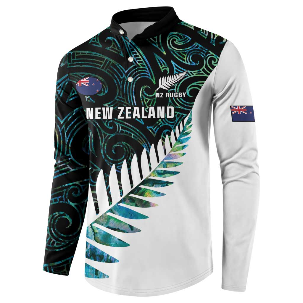 New Zealand Silver Fern Rugby Custom Button Sweatshirt Go All Black Turquoise Maori Paua Shell - Polynesian Pride