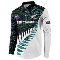 New Zealand Silver Fern Rugby Custom Button Sweatshirt Go All Black Turquoise Maori Paua Shell - Polynesian Pride