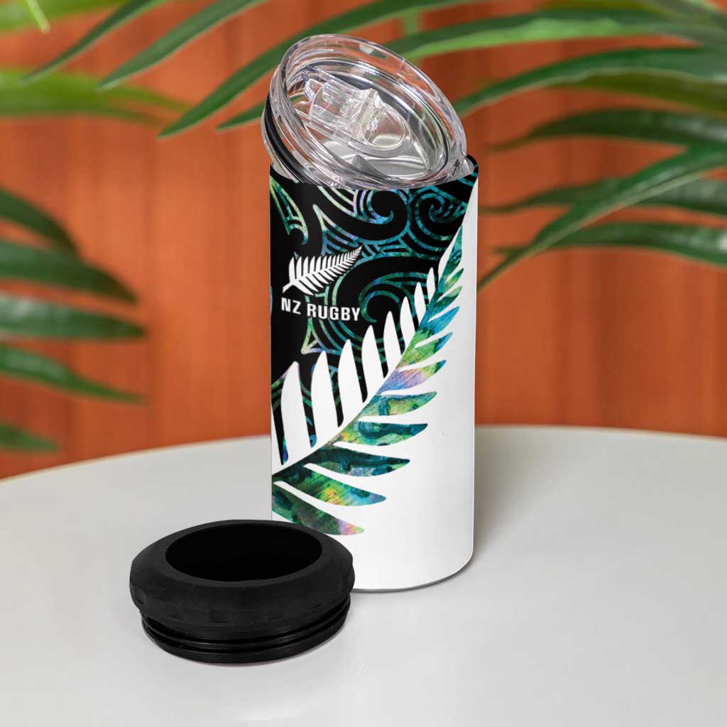 New Zealand Silver Fern Rugby Custom 4 in 1 Can Cooler Tumbler Go All Black Turquoise Maori Paua Shell - Polynesian Pride