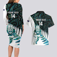 New Zealand Silver Fern Rugby Custom Couples Matching Long Sleeve Bodycon Dress and Hawaiian Shirt Go All Black Turquoise Maori Paua Shell - Polynesian Pride