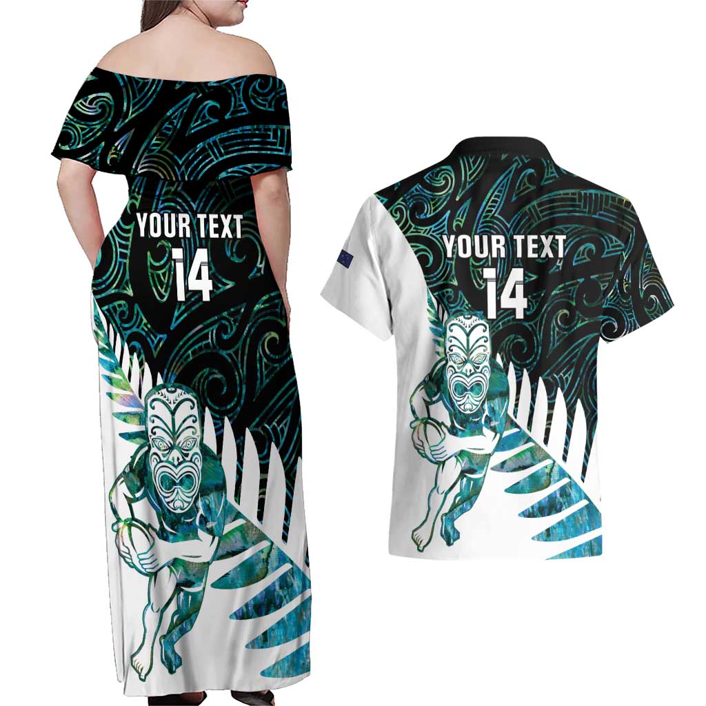 New Zealand Silver Fern Rugby Custom Couples Matching Off Shoulder Maxi Dress and Hawaiian Shirt Go All Black Turquoise Maori Paua Shell - Polynesian Pride