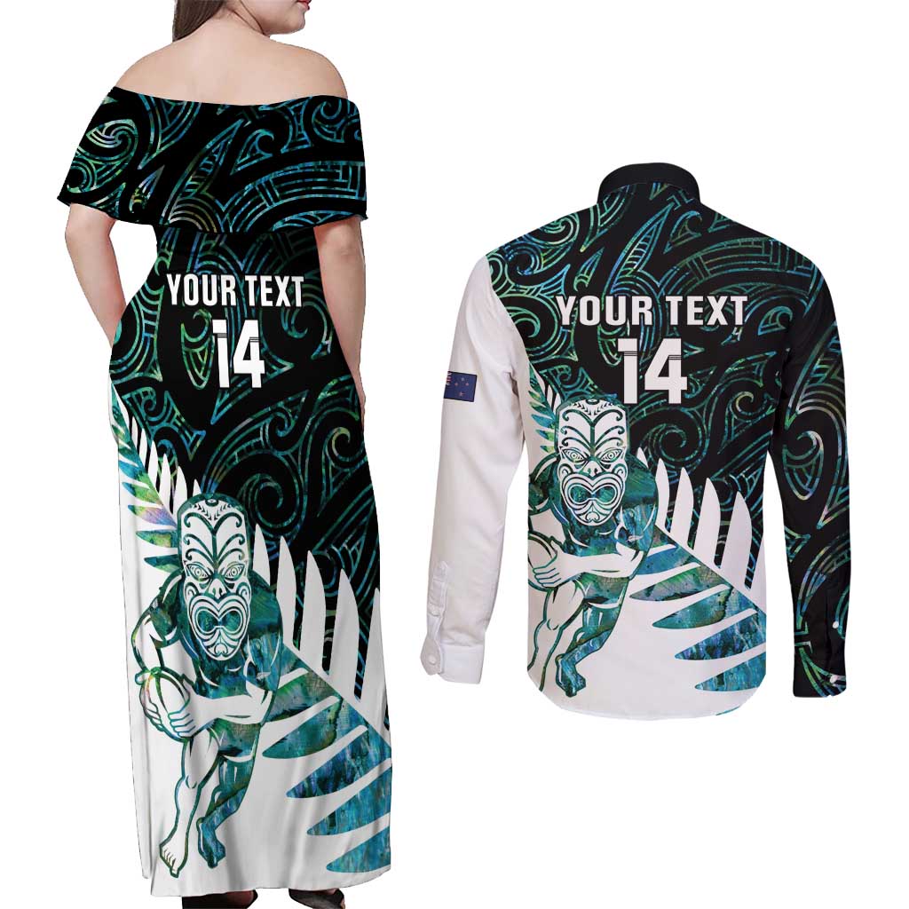 New Zealand Silver Fern Rugby Custom Couples Matching Off Shoulder Maxi Dress and Long Sleeve Button Shirt Go All Black Turquoise Maori Paua Shell - Polynesian Pride