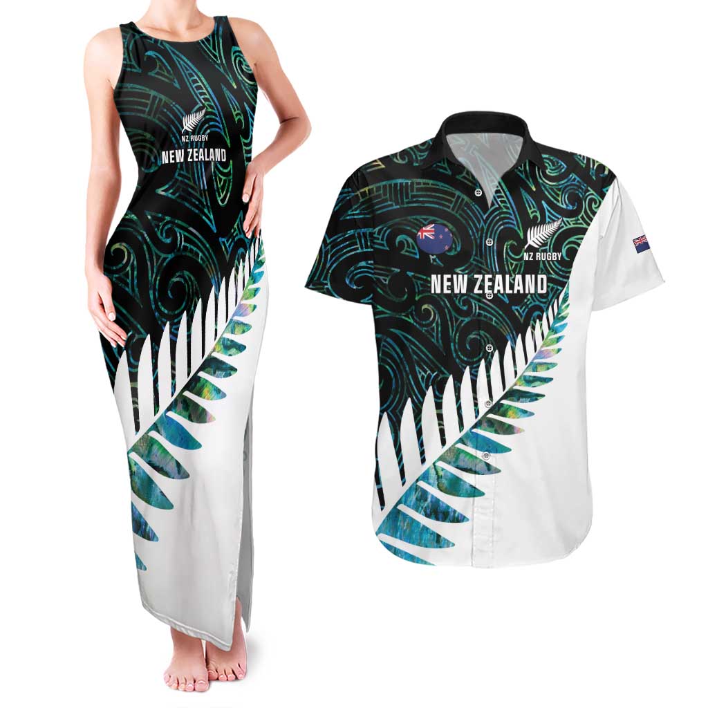New Zealand Silver Fern Rugby Custom Couples Matching Tank Maxi Dress and Hawaiian Shirt Go All Black Turquoise Maori Paua Shell - Polynesian Pride
