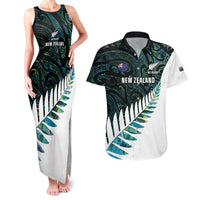 New Zealand Silver Fern Rugby Custom Couples Matching Tank Maxi Dress and Hawaiian Shirt Go All Black Turquoise Maori Paua Shell - Polynesian Pride