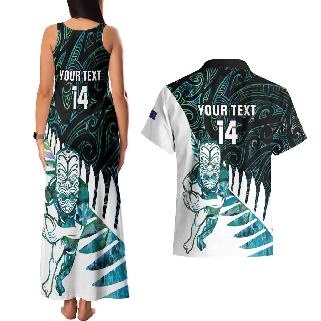 New Zealand Silver Fern Rugby Custom Couples Matching Tank Maxi Dress and Hawaiian Shirt Go All Black Turquoise Maori Paua Shell - Polynesian Pride