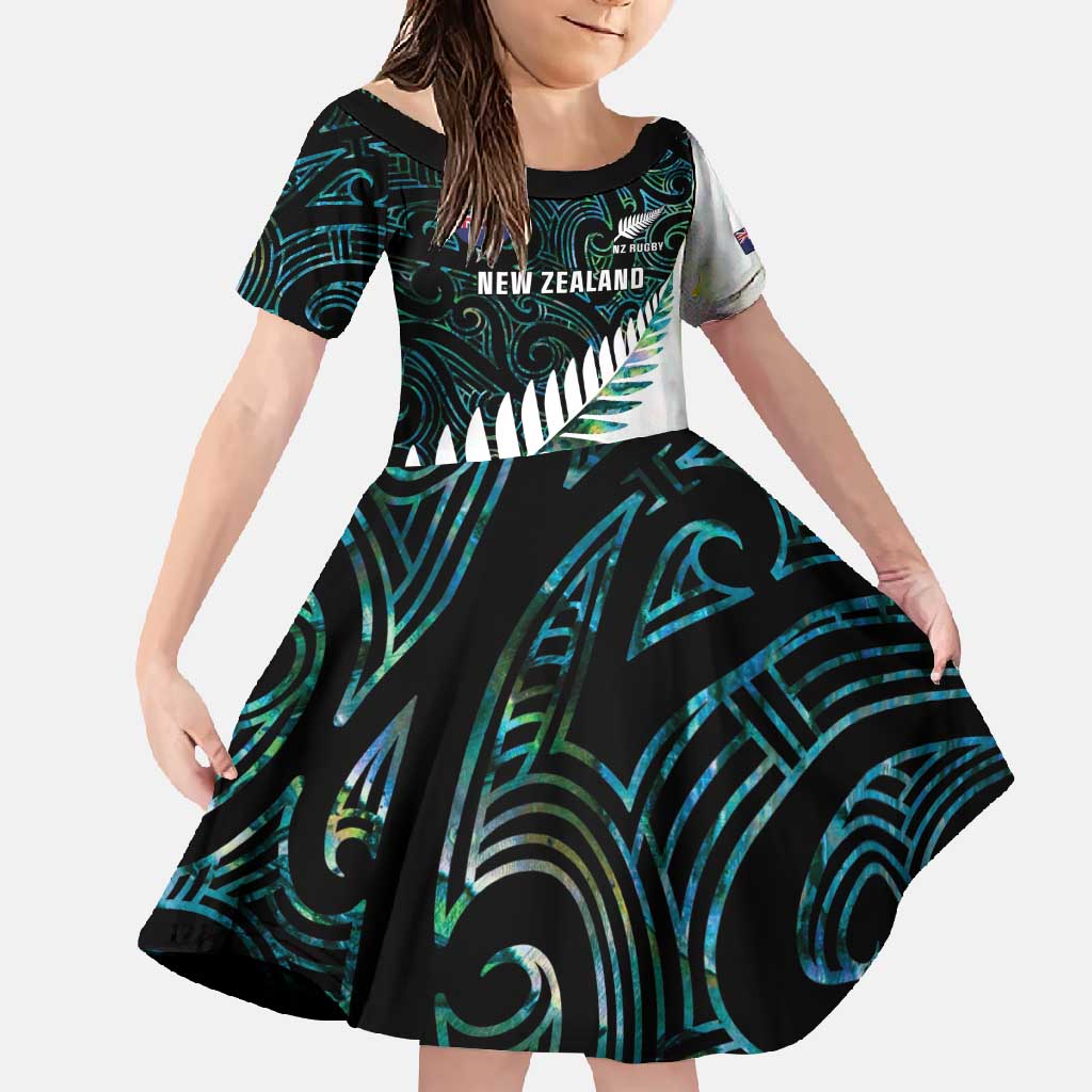 New Zealand Silver Fern Rugby Custom Family Matching Long Sleeve Bodycon Dress and Hawaiian Shirt Go All Black Turquoise Maori Paua Shell - Polynesian Pride