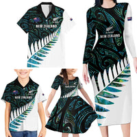 New Zealand Silver Fern Rugby Custom Family Matching Long Sleeve Bodycon Dress and Hawaiian Shirt Go All Black Turquoise Maori Paua Shell - Polynesian Pride