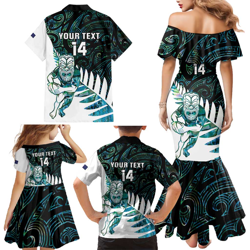 New Zealand Silver Fern Rugby Custom Family Matching Mermaid Dress and Hawaiian Shirt Go All Black Turquoise Maori Paua Shell - Polynesian Pride