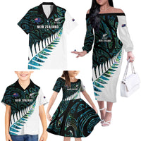 New Zealand Silver Fern Rugby Custom Family Matching Off The Shoulder Long Sleeve Dress and Hawaiian Shirt Go All Black Turquoise Maori Paua Shell - Polynesian Pride