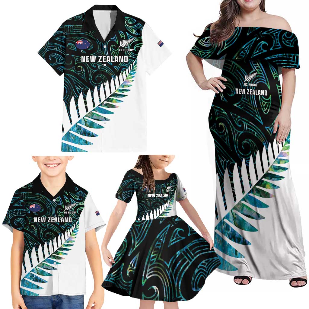 New Zealand Silver Fern Rugby Custom Family Matching Off Shoulder Maxi Dress and Hawaiian Shirt Go All Black Turquoise Maori Paua Shell - Polynesian Pride