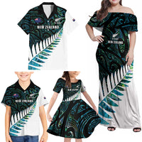 New Zealand Silver Fern Rugby Custom Family Matching Off Shoulder Maxi Dress and Hawaiian Shirt Go All Black Turquoise Maori Paua Shell - Polynesian Pride