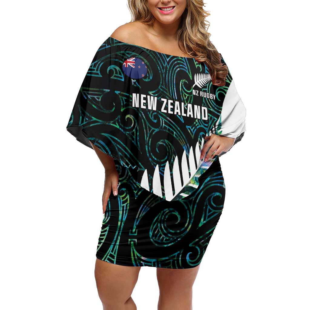 New Zealand Silver Fern Rugby Custom Family Matching Off Shoulder Short Dress and Hawaiian Shirt Go All Black Turquoise Maori Paua Shell - Polynesian Pride