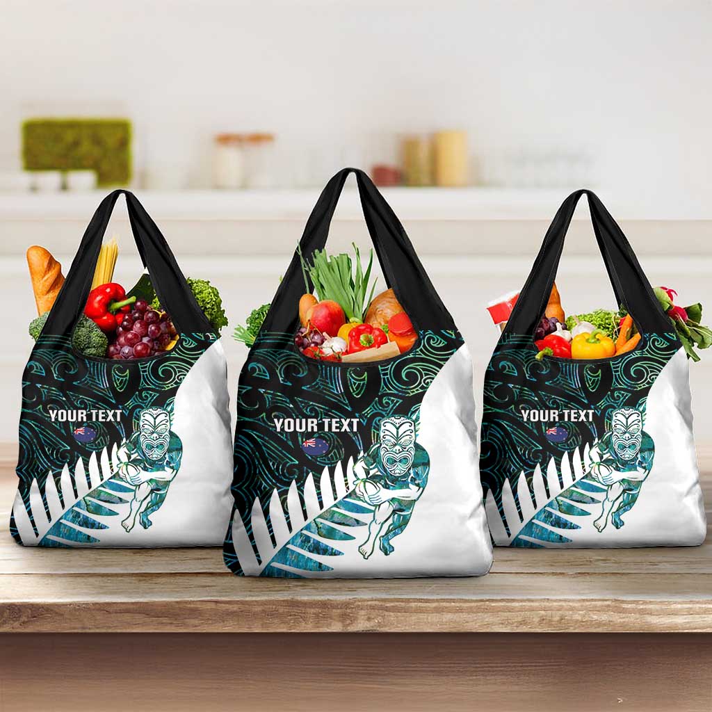 New Zealand Silver Fern Rugby Custom Grocery Bag Go All Black Turquoise Maori Paua Shell - Polynesian Pride
