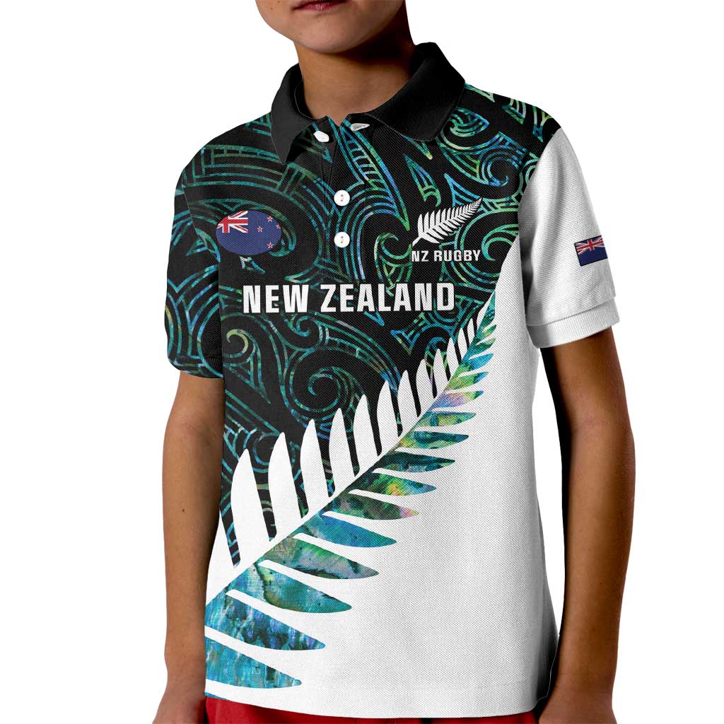 New Zealand Silver Fern Rugby Custom Kid Polo Shirt Go All Black Turquoise Maori Paua Shell - Polynesian Pride