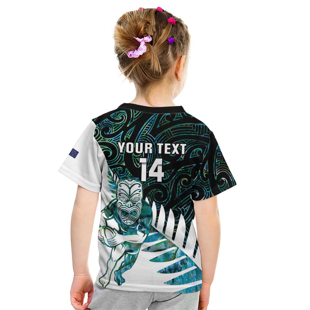 New Zealand Silver Fern Rugby Custom Kid T Shirt Go All Black Turquoise Maori Paua Shell - Polynesian Pride