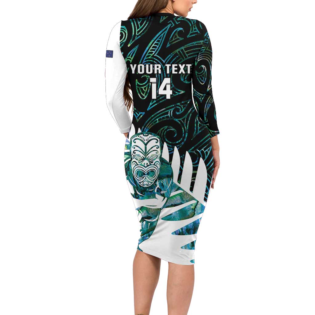 New Zealand Silver Fern Rugby Custom Long Sleeve Bodycon Dress Go All Black Turquoise Maori Paua Shell - Polynesian Pride