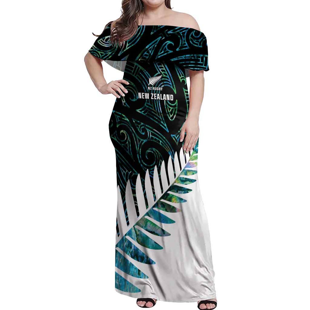 New Zealand Silver Fern Rugby Custom Off Shoulder Maxi Dress Go All Black Turquoise Maori Paua Shell - Polynesian Pride