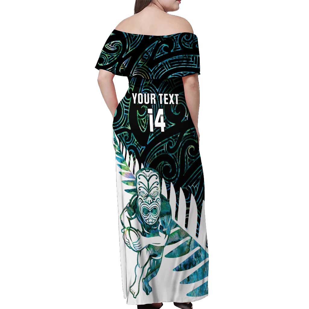 New Zealand Silver Fern Rugby Custom Off Shoulder Maxi Dress Go All Black Turquoise Maori Paua Shell - Polynesian Pride