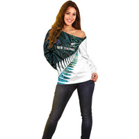 New Zealand Silver Fern Rugby Custom Off Shoulder Sweater Go All Black Turquoise Maori Paua Shell - Polynesian Pride