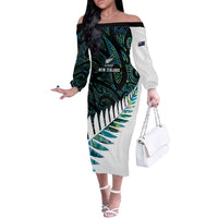 New Zealand Silver Fern Rugby Custom Off The Shoulder Long Sleeve Dress Go All Black Turquoise Maori Paua Shell - Polynesian Pride