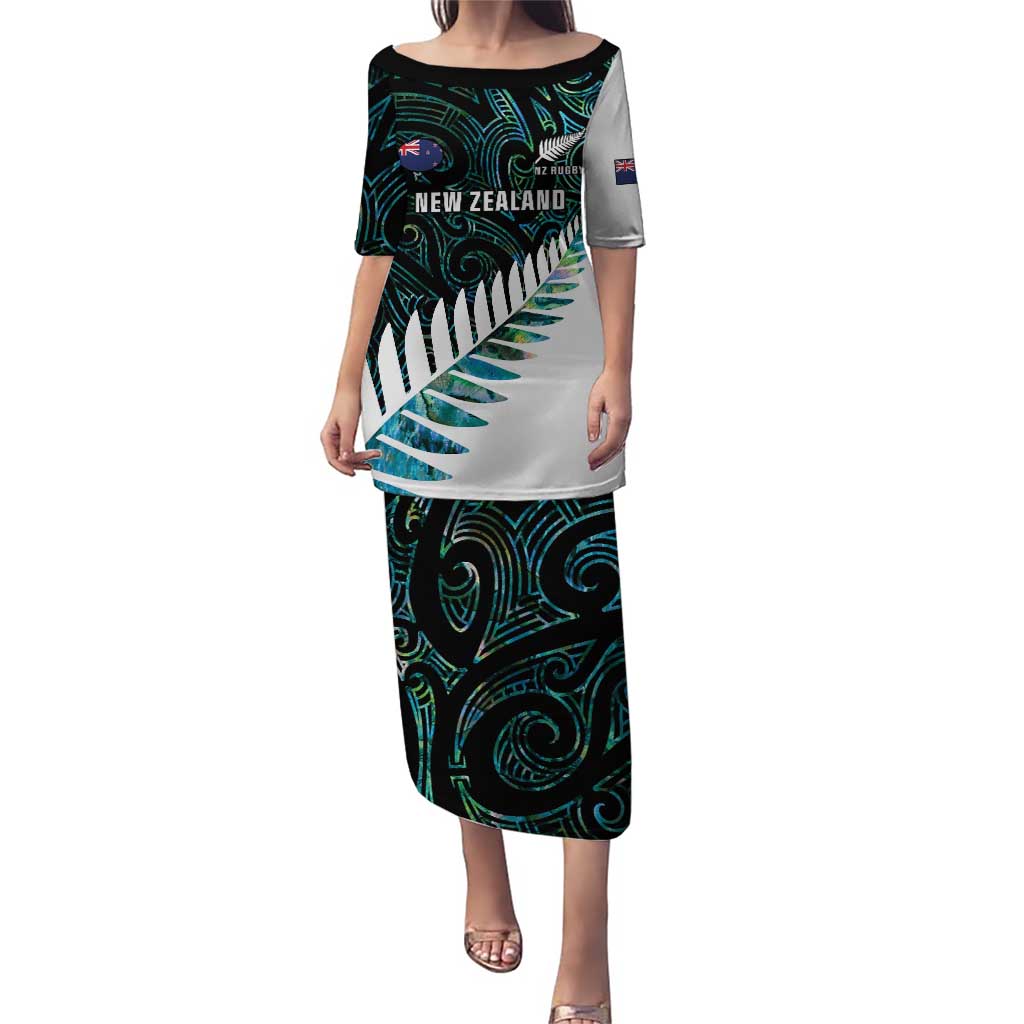 New Zealand Silver Fern Rugby Custom Puletasi Go All Black Turquoise Maori Paua Shell - Polynesian Pride