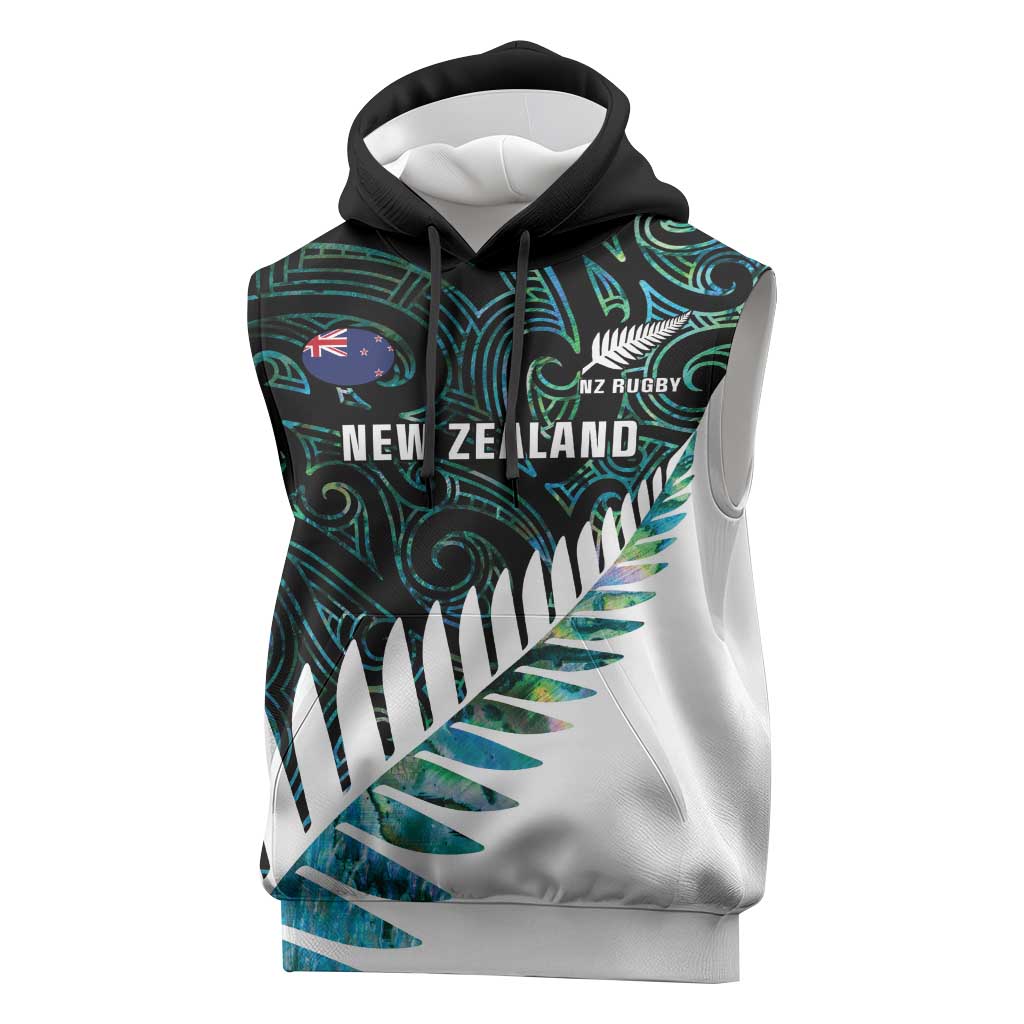 New Zealand Silver Fern Rugby Custom Sleeveless Hoodie Go All Black Turquoise Maori Paua Shell - Polynesian Pride
