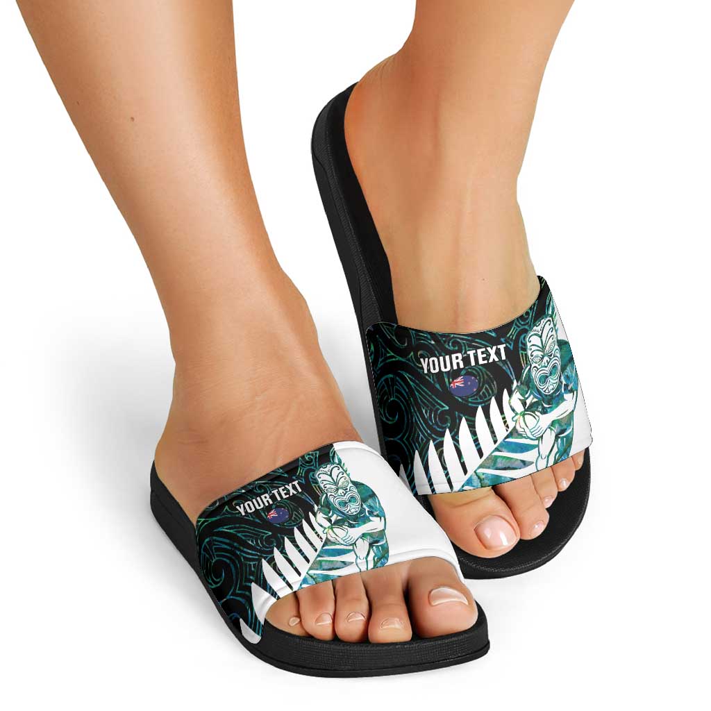 New Zealand Silver Fern Rugby Custom Slide Sandals Go All Black Turquoise Maori Paua Shell - Polynesian Pride