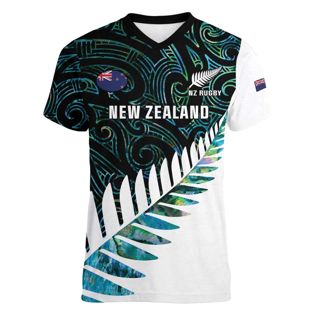 New Zealand Silver Fern Rugby Custom Women V-Neck T-Shirt Go All Black Turquoise Maori Paua Shell - Polynesian Pride