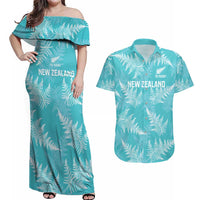 New Zealand Silver Fern Rugby Custom Couples Matching Off Shoulder Maxi Dress and Hawaiian Shirt Go Aotearoa Champions Turquoise Version - Polynesian Pride