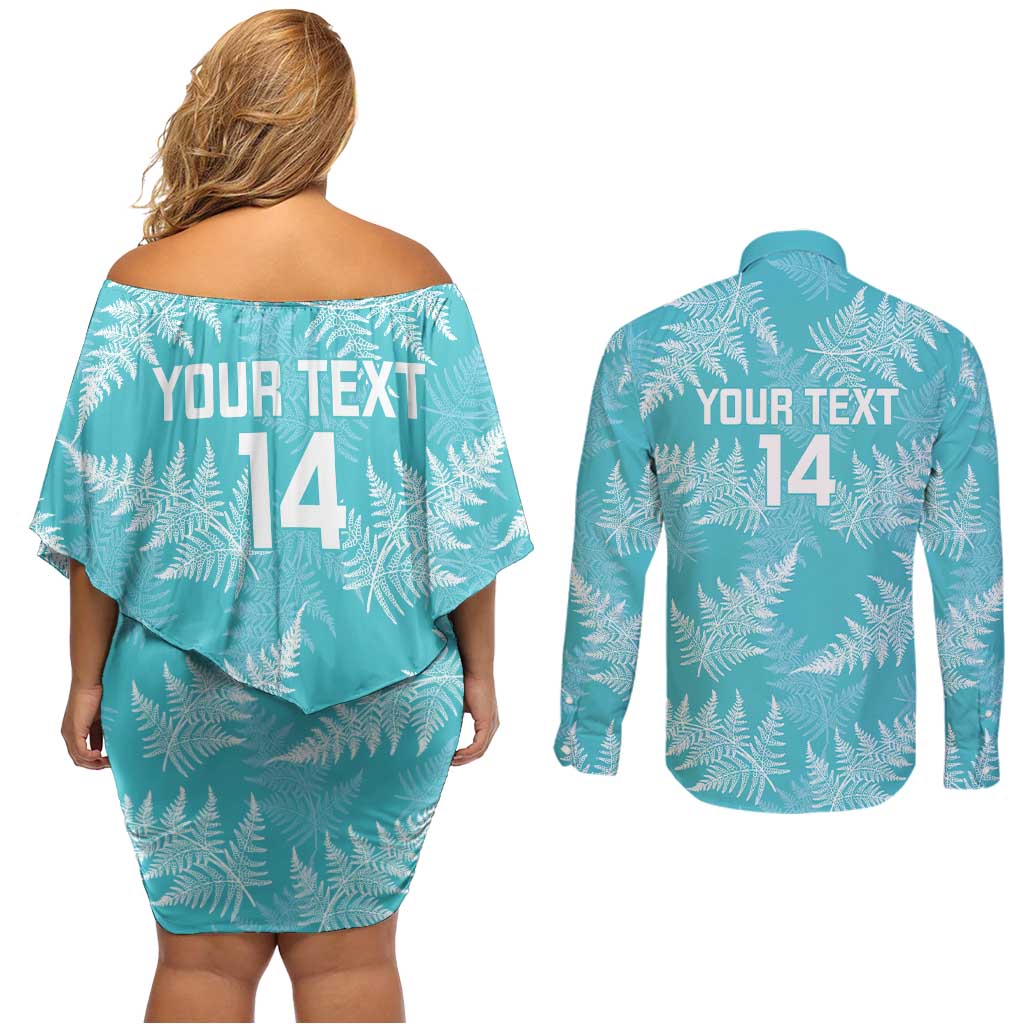 New Zealand Silver Fern Rugby Custom Couples Matching Off Shoulder Short Dress and Long Sleeve Button Shirt Go Aotearoa Champions Turquoise Version - Polynesian Pride