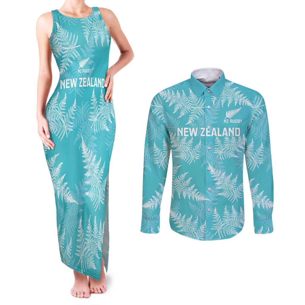 New Zealand Silver Fern Rugby Custom Couples Matching Tank Maxi Dress and Long Sleeve Button Shirt Go Aotearoa Champions Turquoise Version - Polynesian Pride