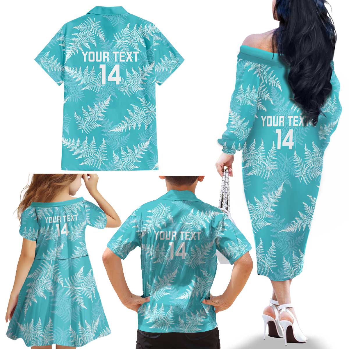 New Zealand Silver Fern Rugby Custom Family Matching Off The Shoulder Long Sleeve Dress and Hawaiian Shirt Go Aotearoa Champions Turquoise Version - Polynesian Pride