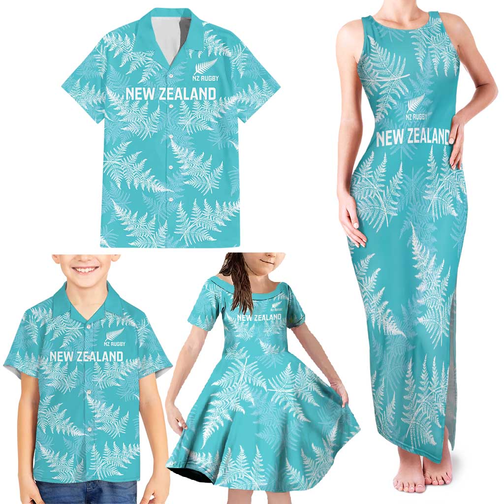 New Zealand Silver Fern Rugby Custom Family Matching Tank Maxi Dress and Hawaiian Shirt Go Aotearoa Champions Turquoise Version - Polynesian Pride