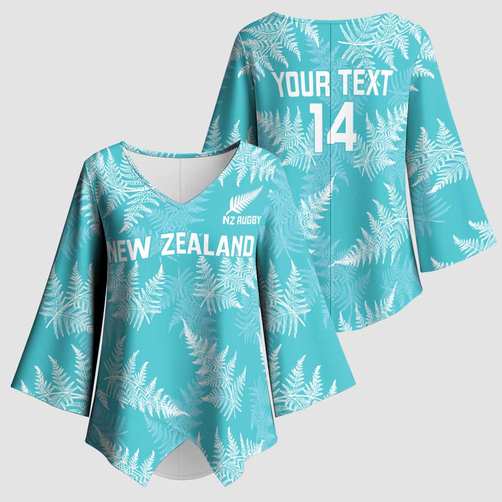 New Zealand Silver Fern Rugby Custom Kimono Sleeve Blouse Go Aotearoa Champions Turquoise Version - Polynesian Pride